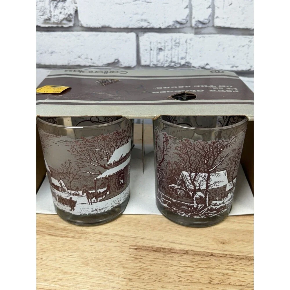 4 Vintage Currier and Ives Lowball Glasses The Old Homestead In Winter NOS